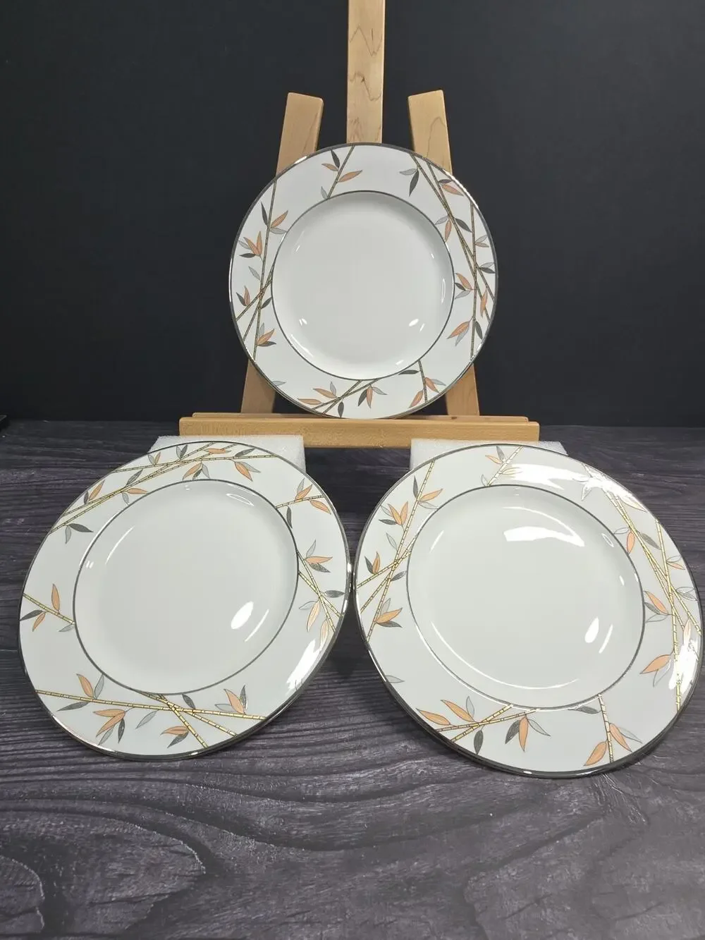 3 Vintage Lenox Kyoto Salad Plates 8-1/8” Bone China USA Bamboo Platinum Rim